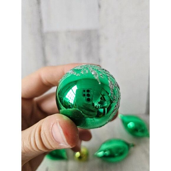 Vintage green ball teardrop Kurt Adler glitter silver set ornament tree Xmas - Picture 4 of 8